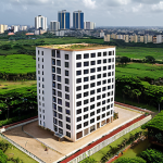 **

A modern apartment building in Abidjan, Côte d'Ivoire, showcasing European-influenced architecture. Lush greenery surrounds the building. In the background, a glimpse of the Abidjan skyline with ongoing infrastructure development (roads, construction). Focus on the vibrant, growing city aspect.

**