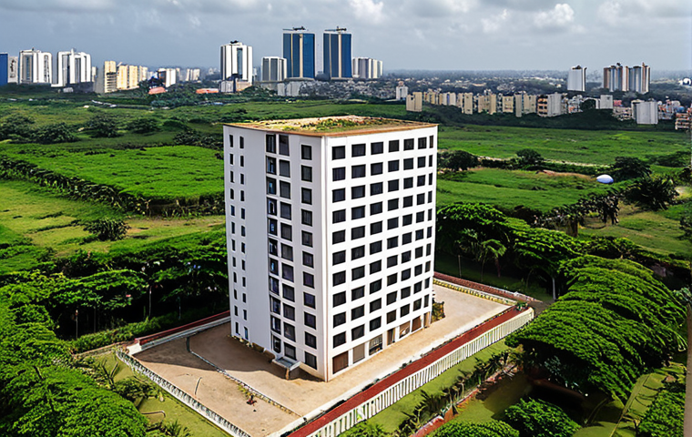 **
A modern apartment building in Abidjan, Côte d'Ivoire, showcasing European-influenced architecture. Lush greenery surrounds the building. In the background, a glimpse of the Abidjan skyline with ongoing infrastructure development (roads, construction). Focus on the vibrant, growing city aspect.
**