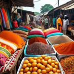 A bustling Ivorian market scene, overflowing with colorful fabrics, exotic spices, and vibrant tropical fruits.