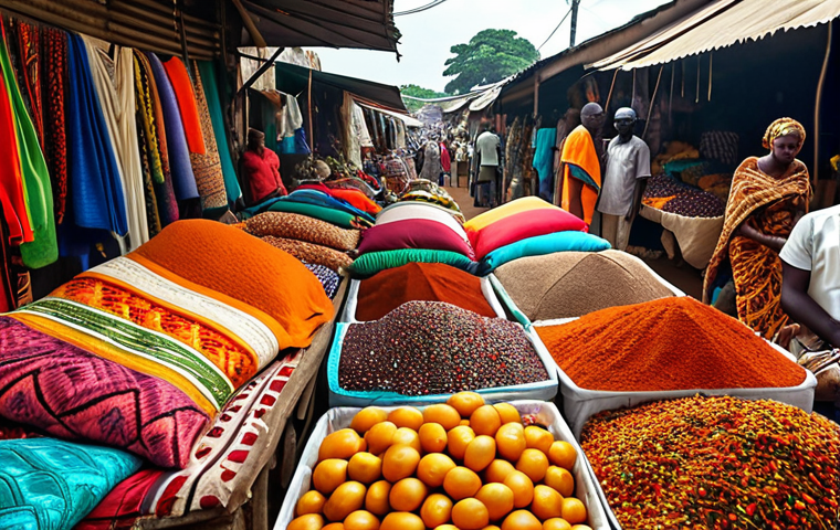A bustling Ivorian market scene, overflowing with colorful fabrics, exotic spices, and vibrant tropical fruits.
